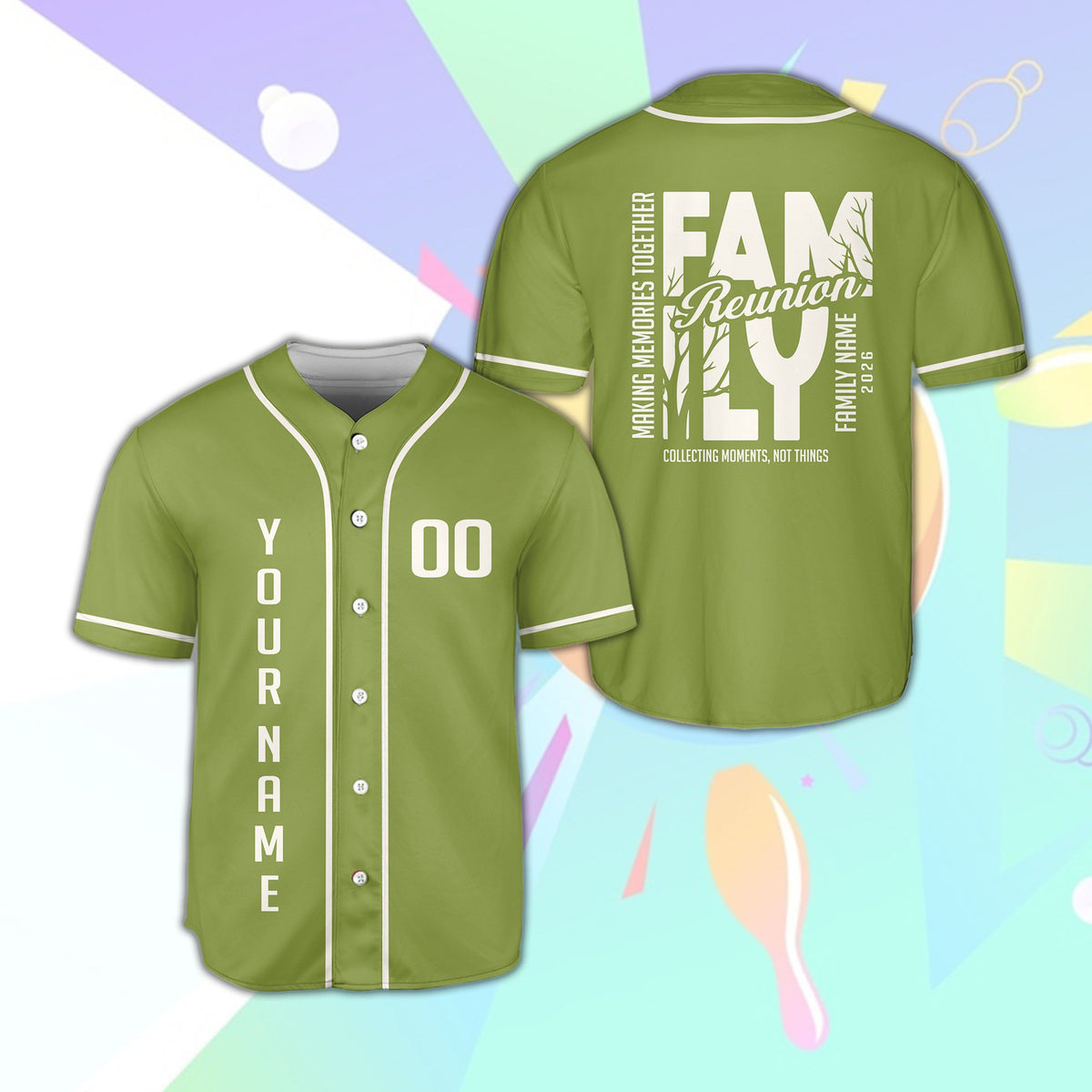 Lifestyle view of a green family reunion custom baseball jersey