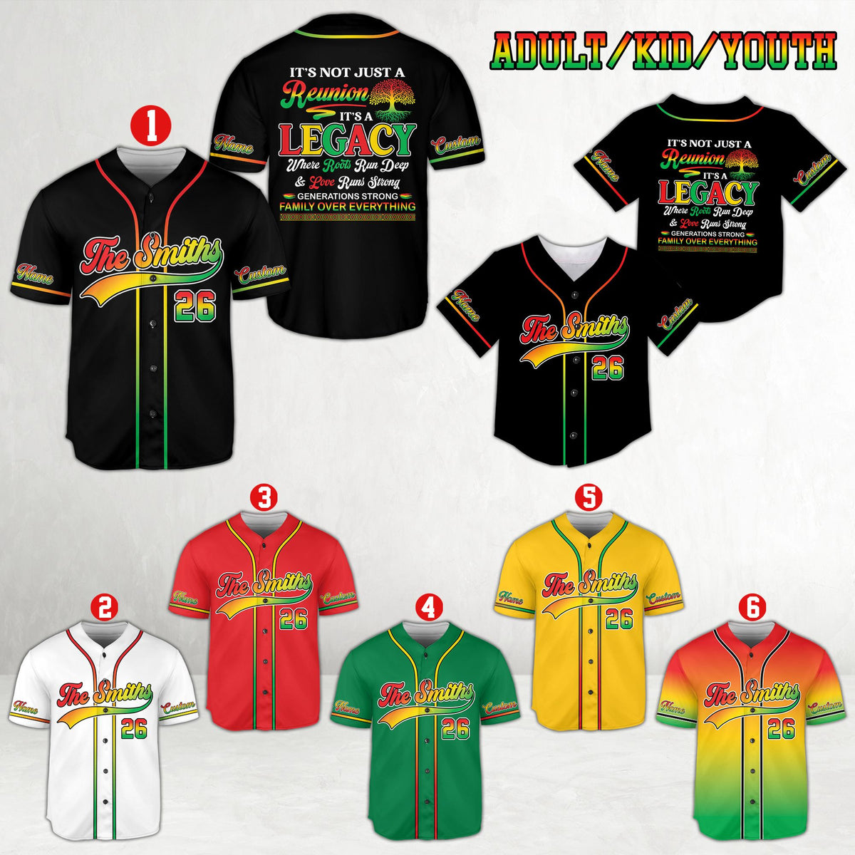 Front view of multicolor family reunion baseball jersey