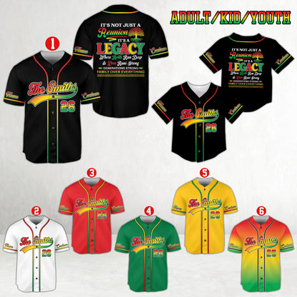 Front view of multicolor family reunion baseball jersey