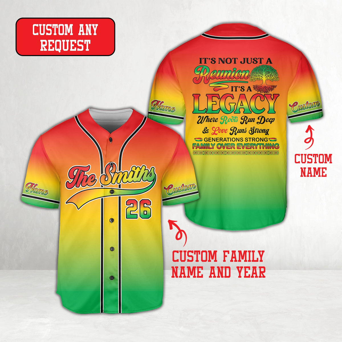 Front view of multicolor family reunion baseball jersey variation