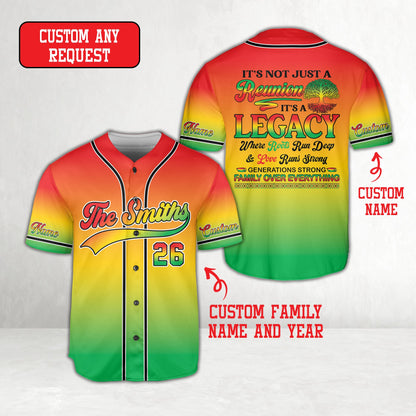 Front view of multicolor family reunion baseball jersey variation