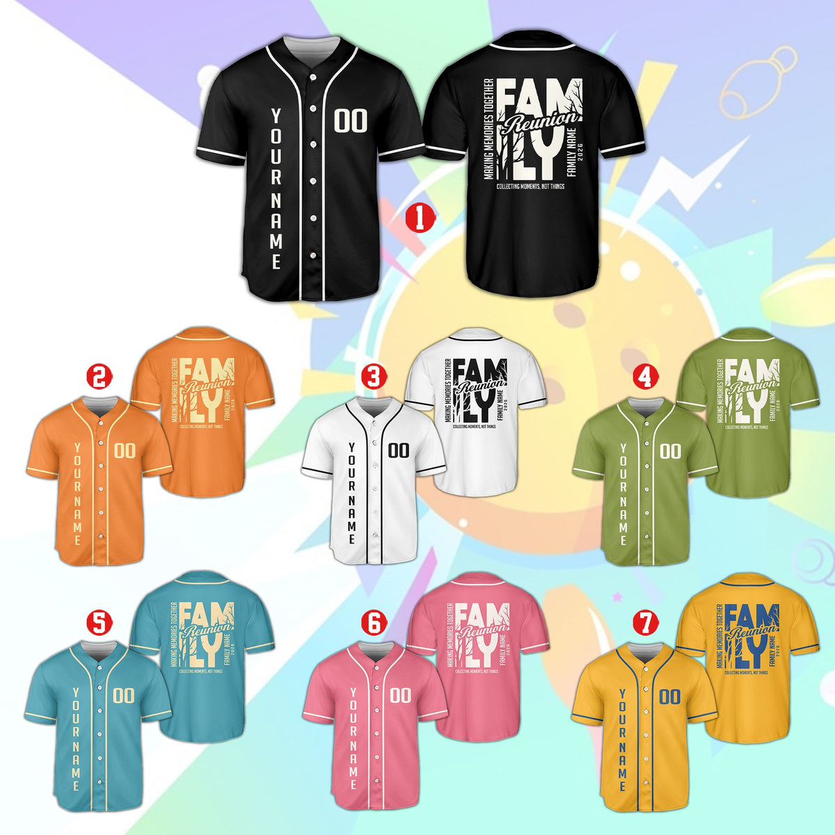 Lifestyle view of a multicolor family reunion baseball jersey being worn