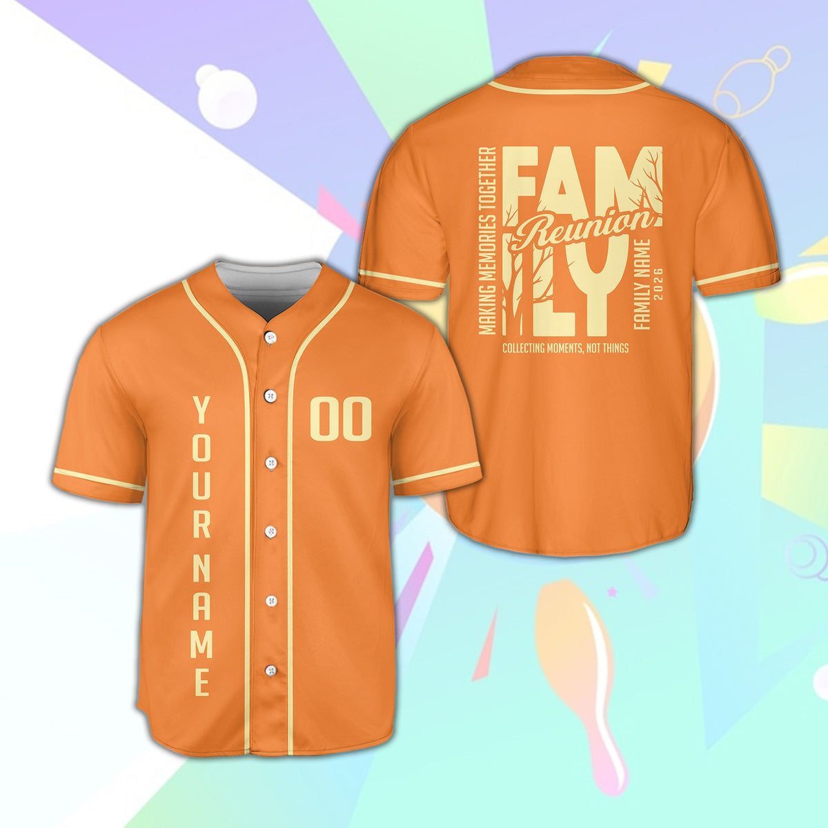 Lifestyle view of an orange family reunion personalized baseball jersey