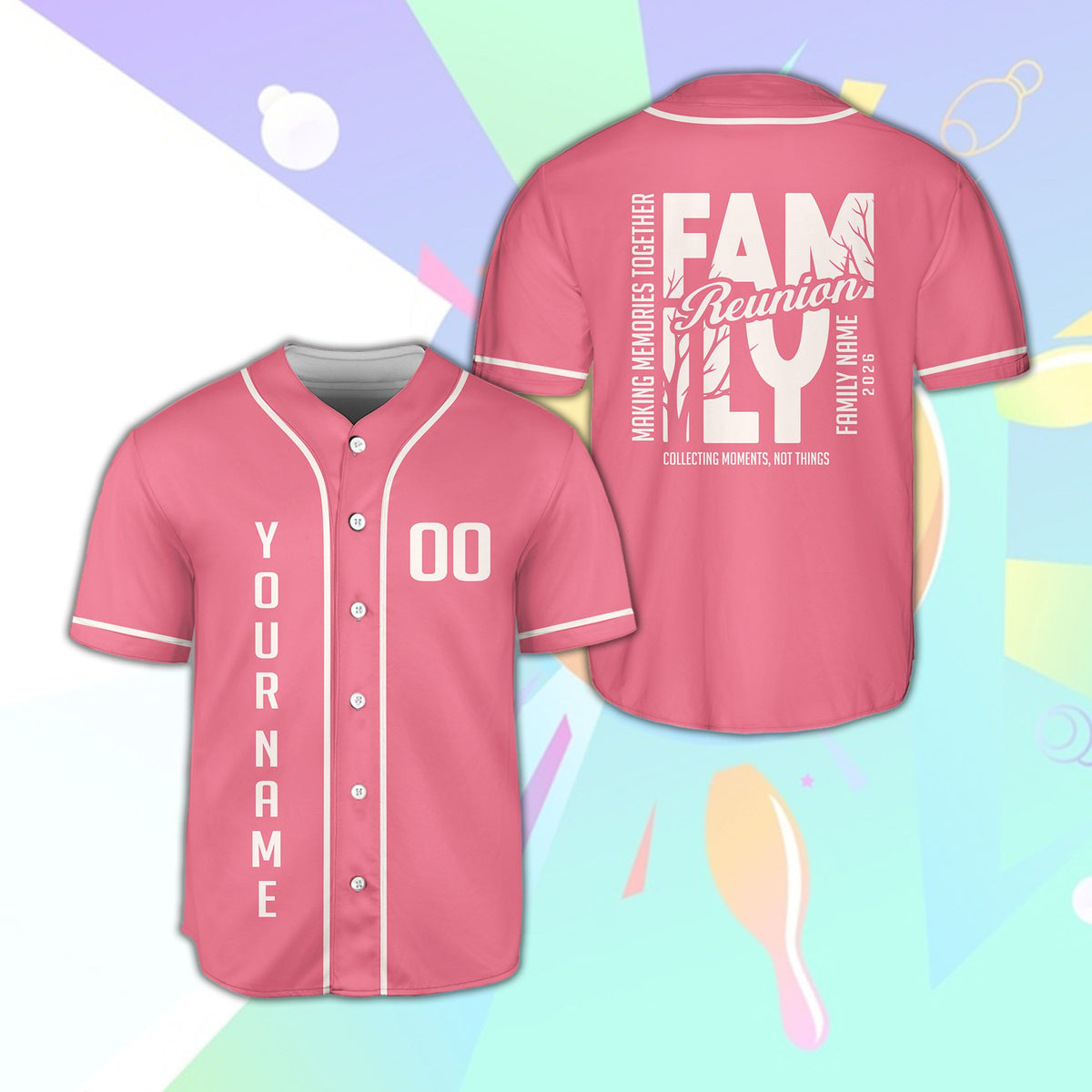 Lifestyle view of a pink custom baseball jersey for family reunions