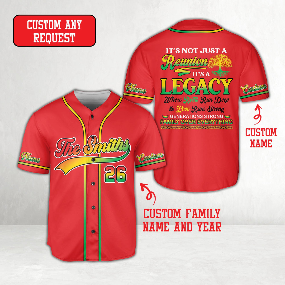 Front view of red family reunion baseball jersey