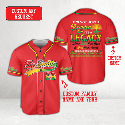 Front view of red family reunion baseball jersey
