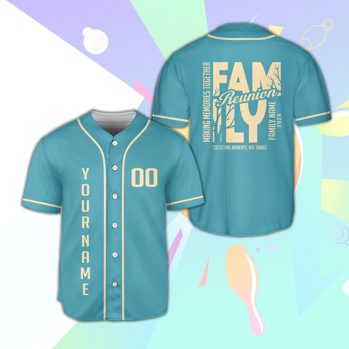 Lifestyle view of a teal personalized baseball jersey with custom name and number