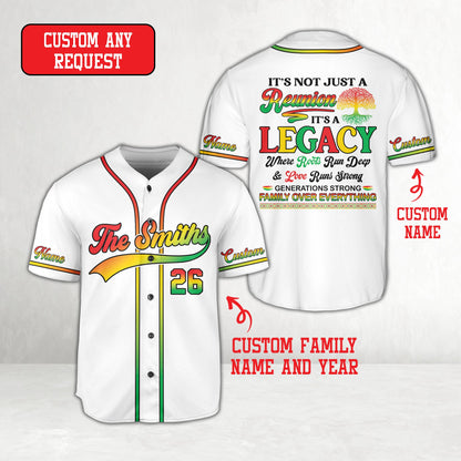 Front view of white family reunion baseball jersey