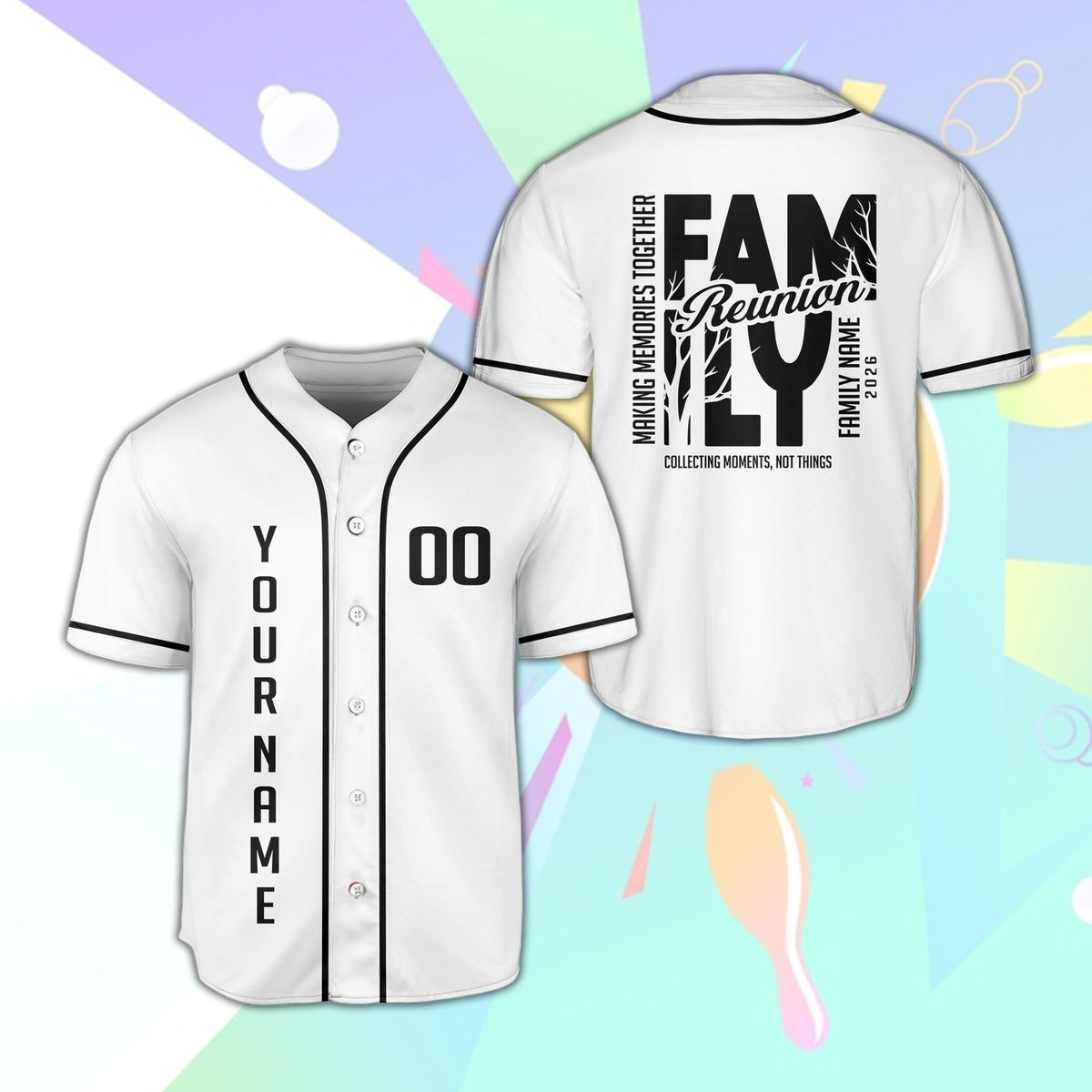 Lifestyle view of a white personalized family baseball jersey