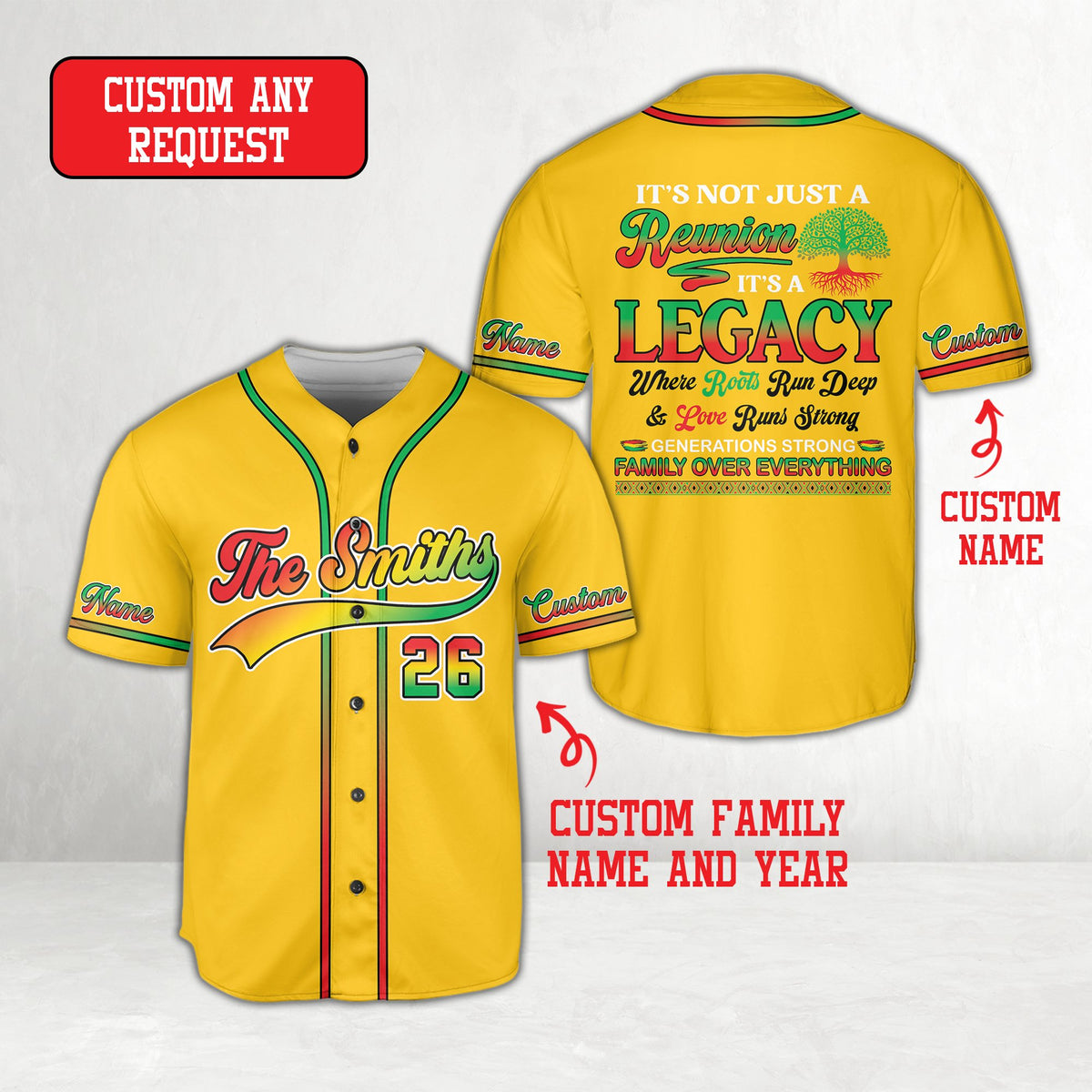 Front view of yellow family reunion baseball jersey