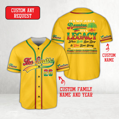 Front view of yellow family reunion baseball jersey