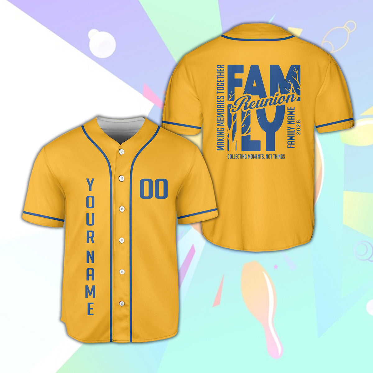 Lifestyle view of a yellow family baseball jersey with custom details