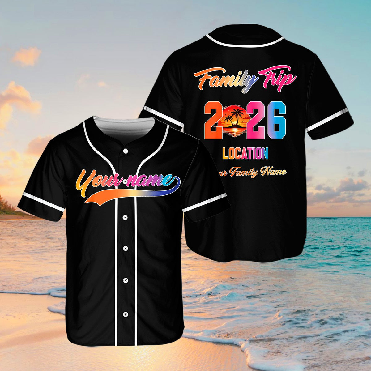 Full front view of black family trip baseball jersey