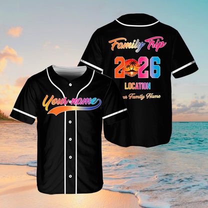 Full front view of black family trip baseball jersey