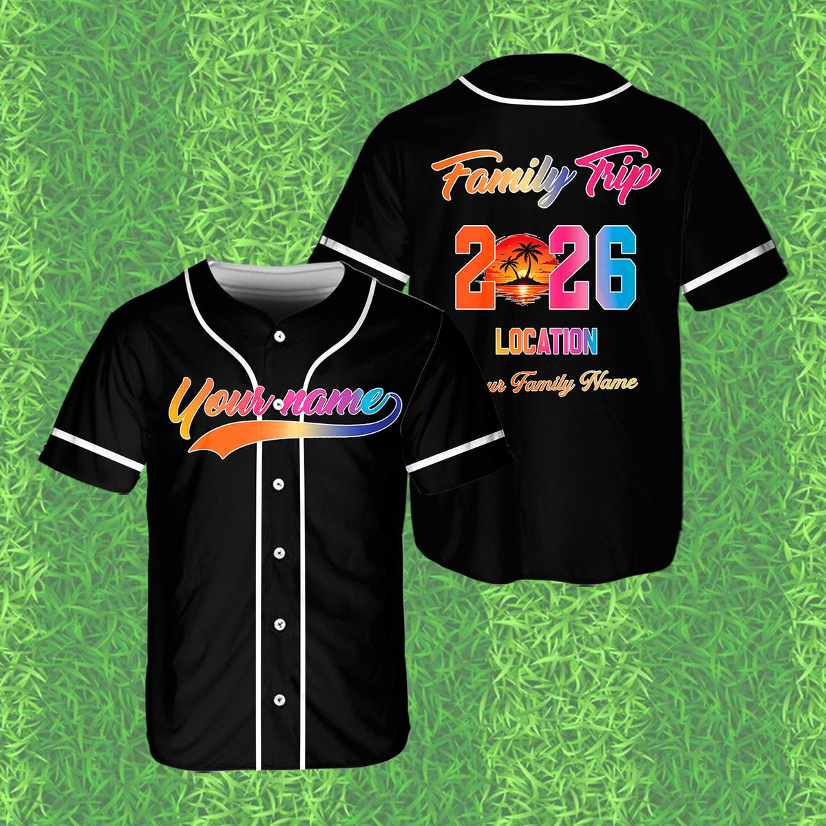Personalized black family trip baseball jersey with custom text, main view