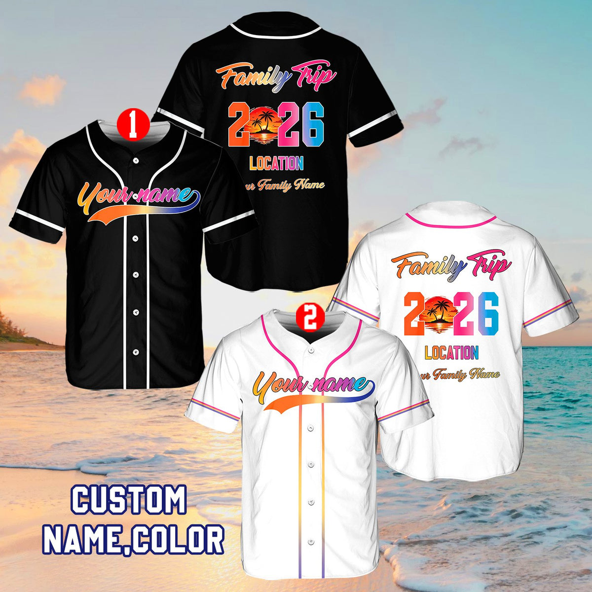 Full view of white family trip baseball jersey, front detail