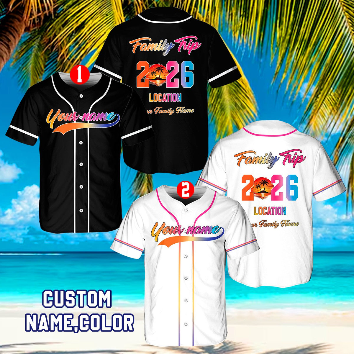 Close up of tropical sunset graphic on back of black jersey