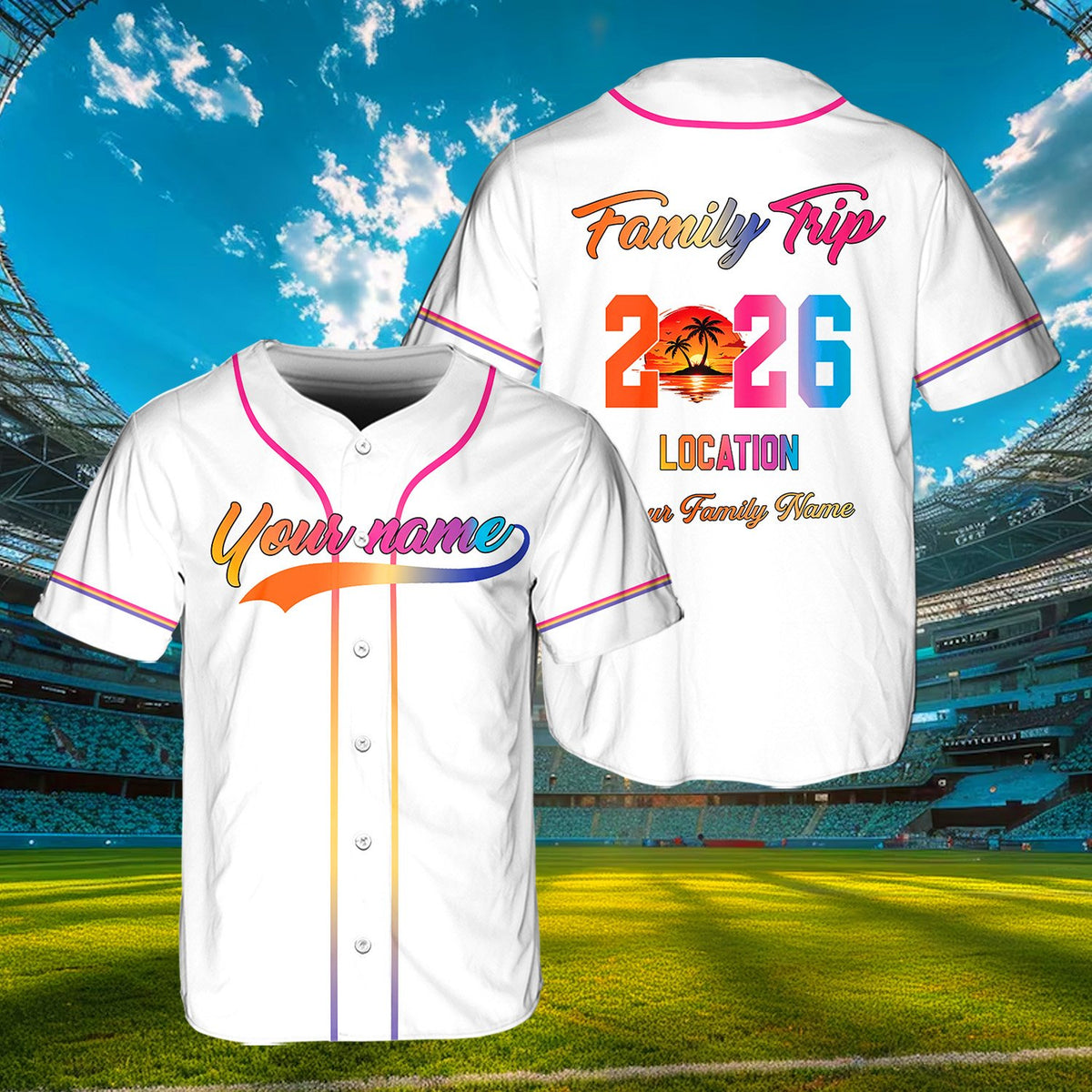 Close up of custom text and destination on white family baseball jersey
