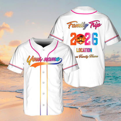 White personalized baseball jersey with tropical sunset graphic, front view