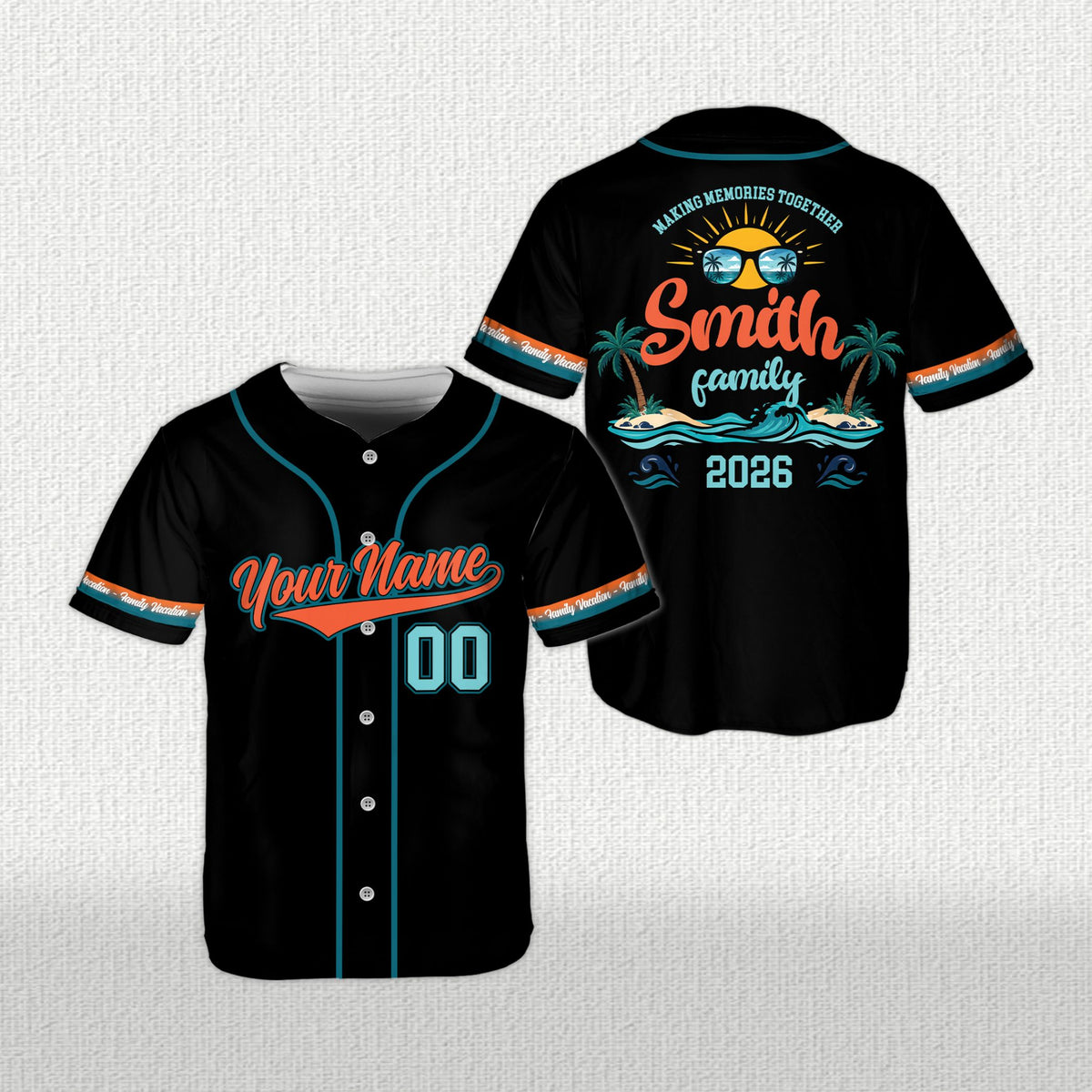 Lifestyle view of black family vacation baseball jersey