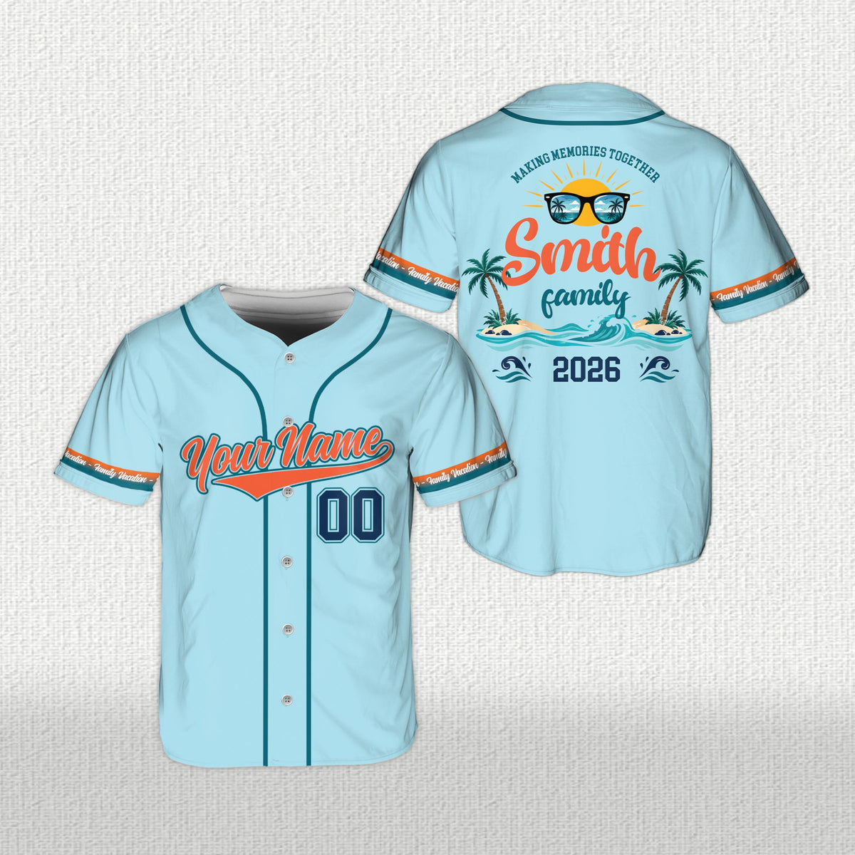 Lifestyle view of light blue family vacation baseball jersey