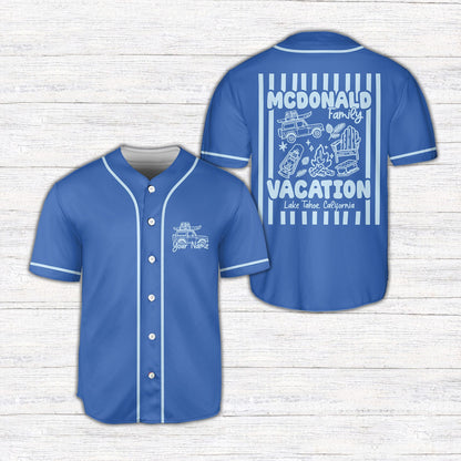 Lifestyle view of blue vacation baseball jersey
