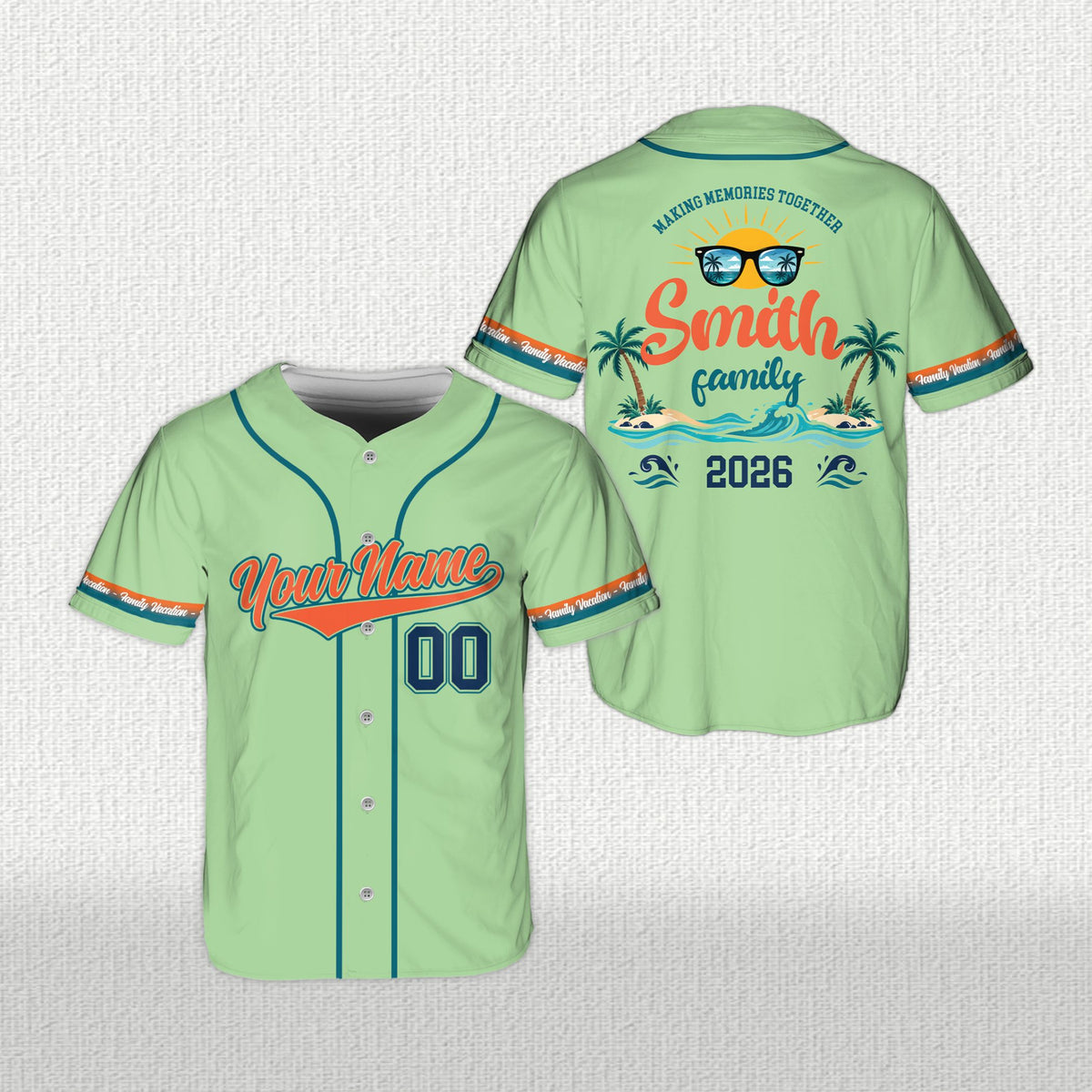 Lifestyle view of light green family vacation baseball jersey
