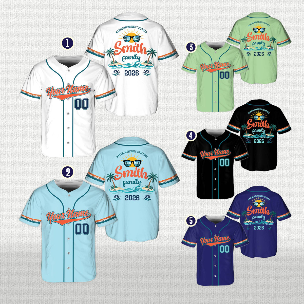 Lifestyle view of multicolor family vacation baseball jersey