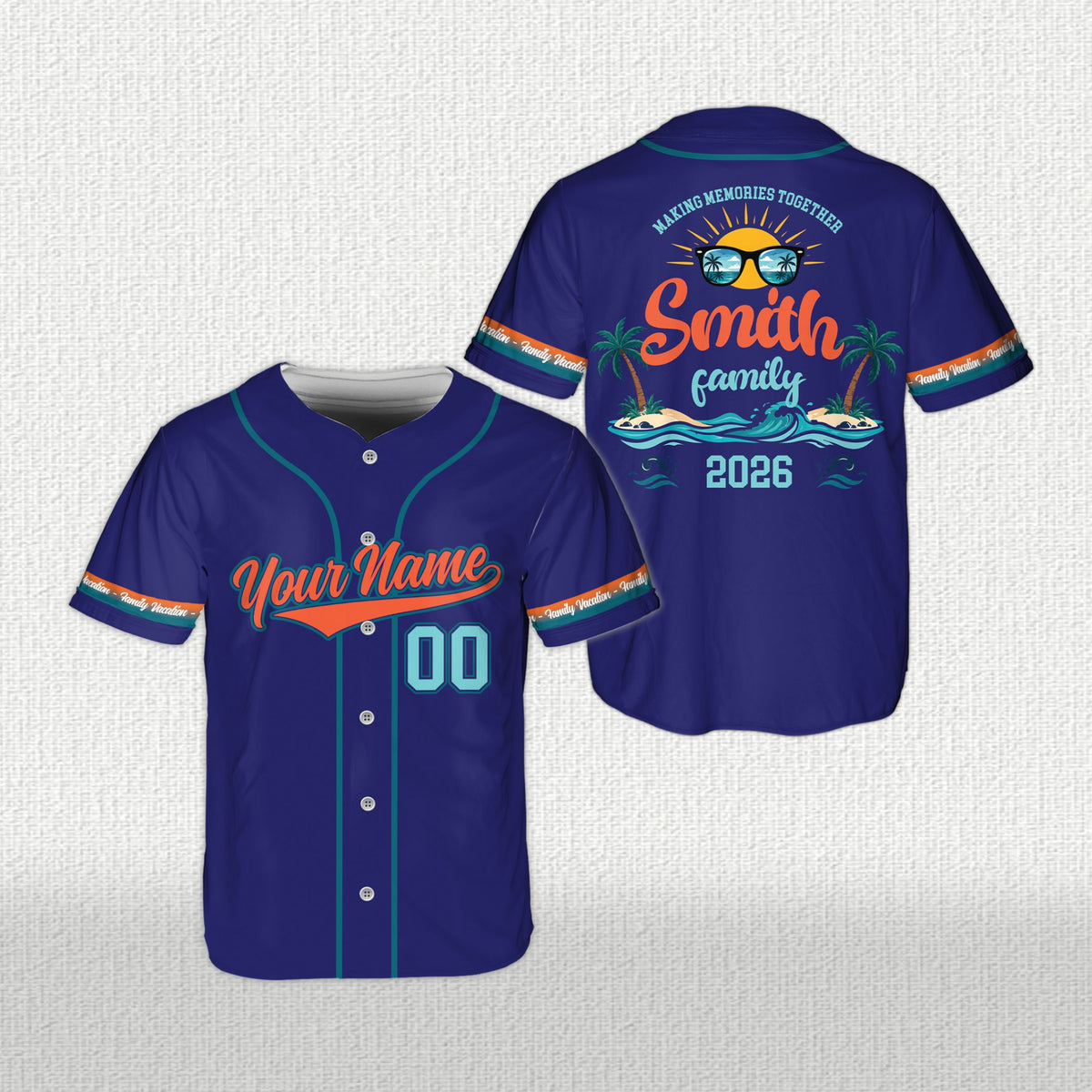 Lifestyle view of navy family vacation baseball jersey