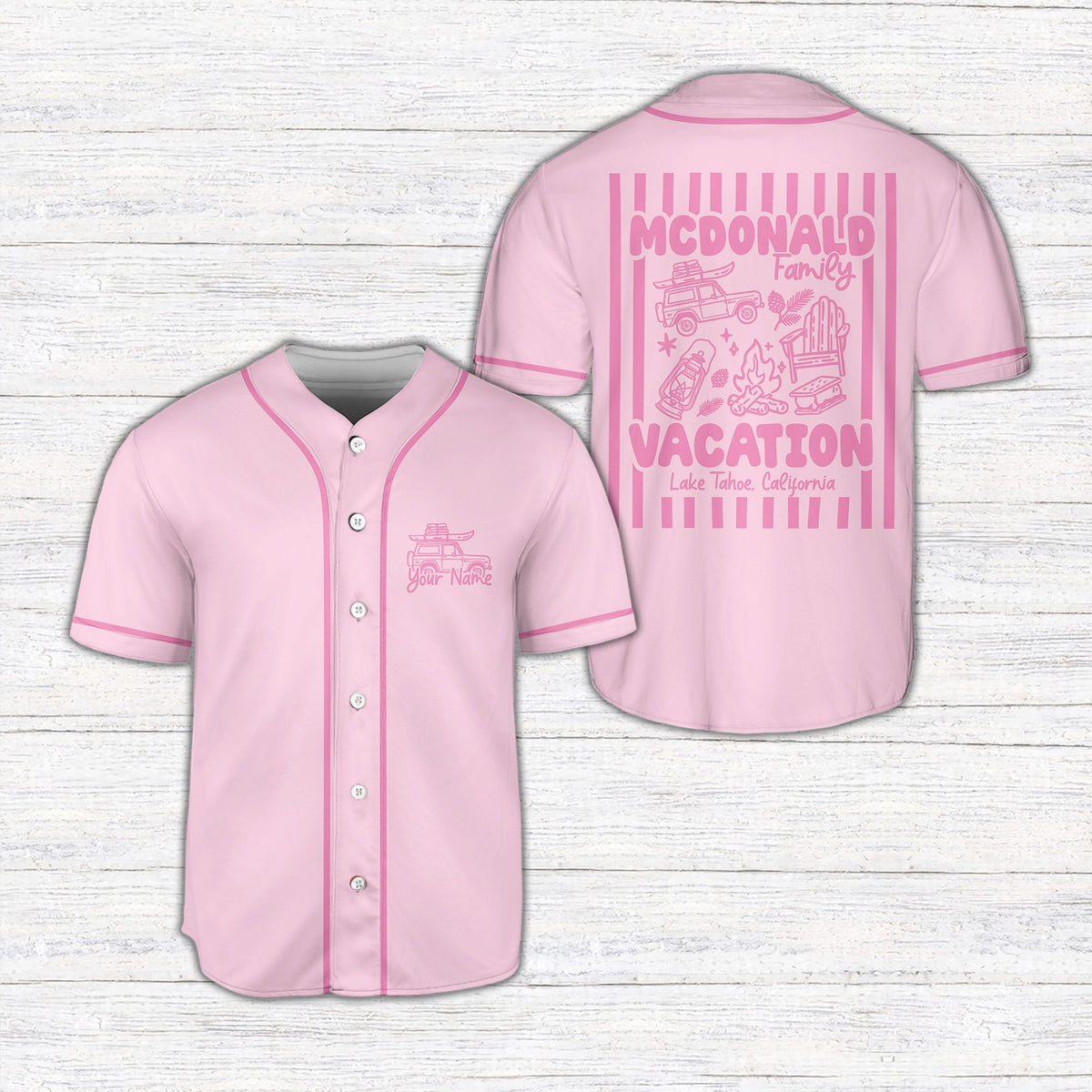 Lifestyle view of pink family vacation baseball jersey