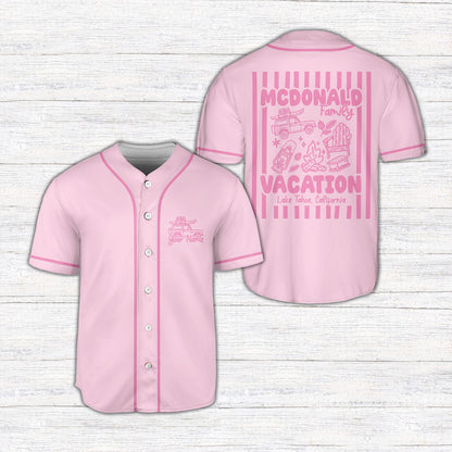 Lifestyle view of pink family vacation baseball jersey