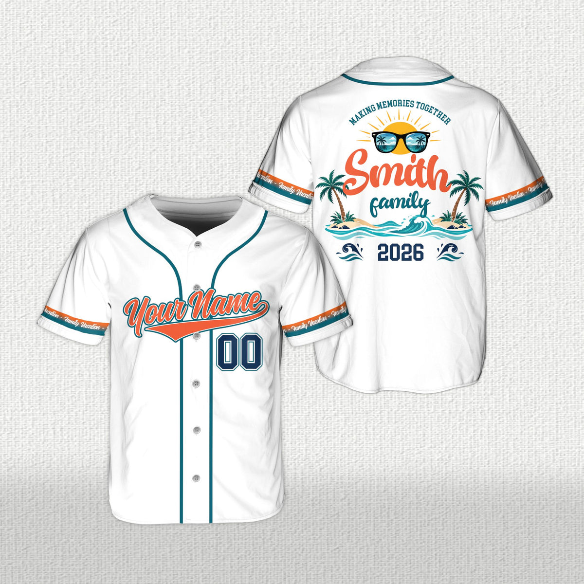 White family baseball jersey with custom name and number, front view