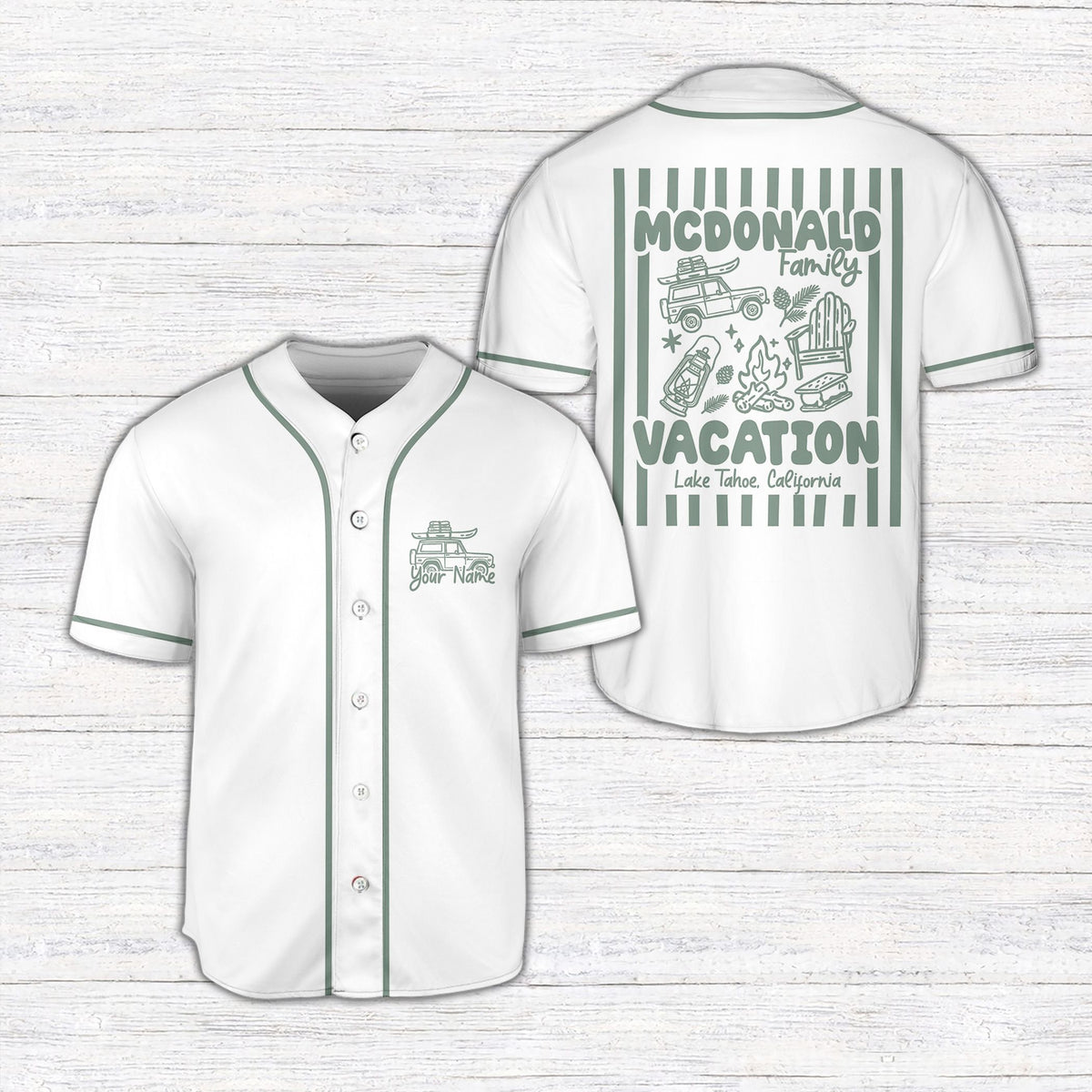 White family vacation baseball jersey front view