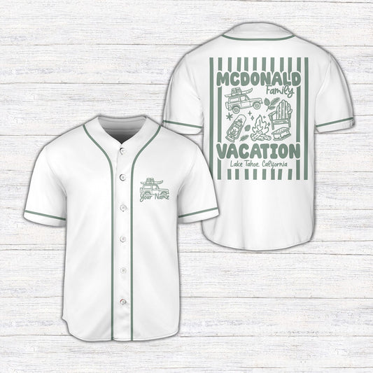 White family vacation baseball jersey front view