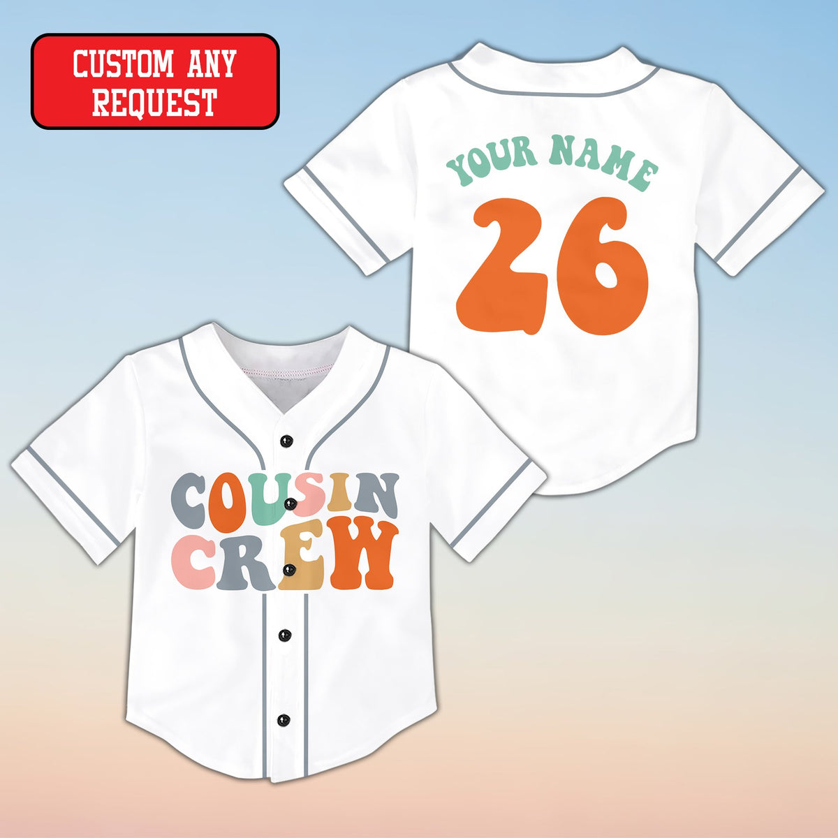 White family baseball jersey with Cousin Crew retro font, front view