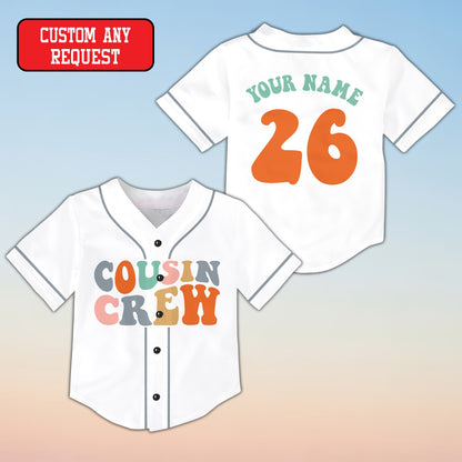 White family baseball jersey with Cousin Crew retro font, front view