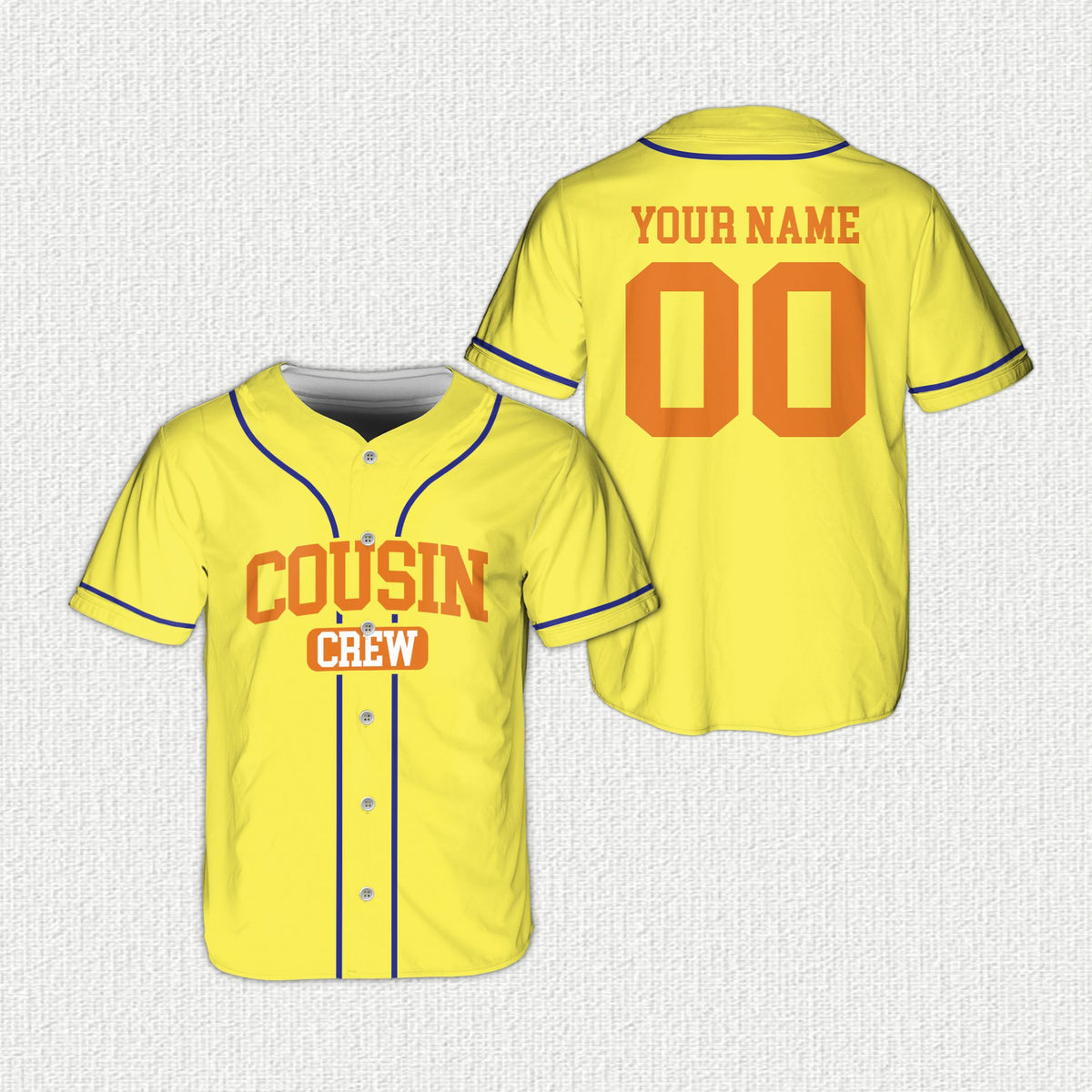 Front view of the personalized family baseball jersey in yellow