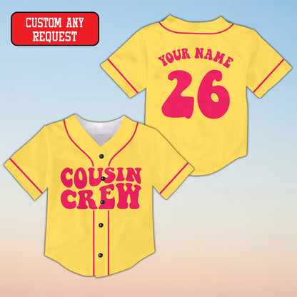 Yellow family baseball jersey with Cousin Crew retro font, front view
