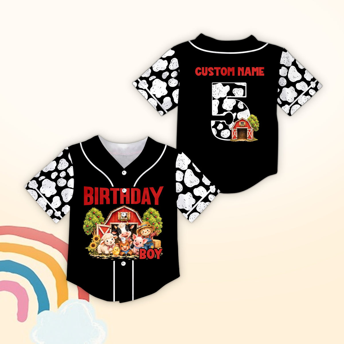 Black personalized baseball jersey with farm birthday design, front view