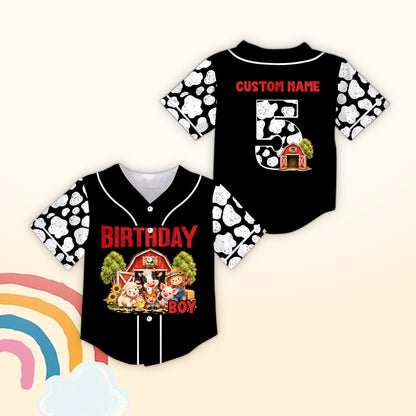 Black personalized baseball jersey with farm birthday design, front view