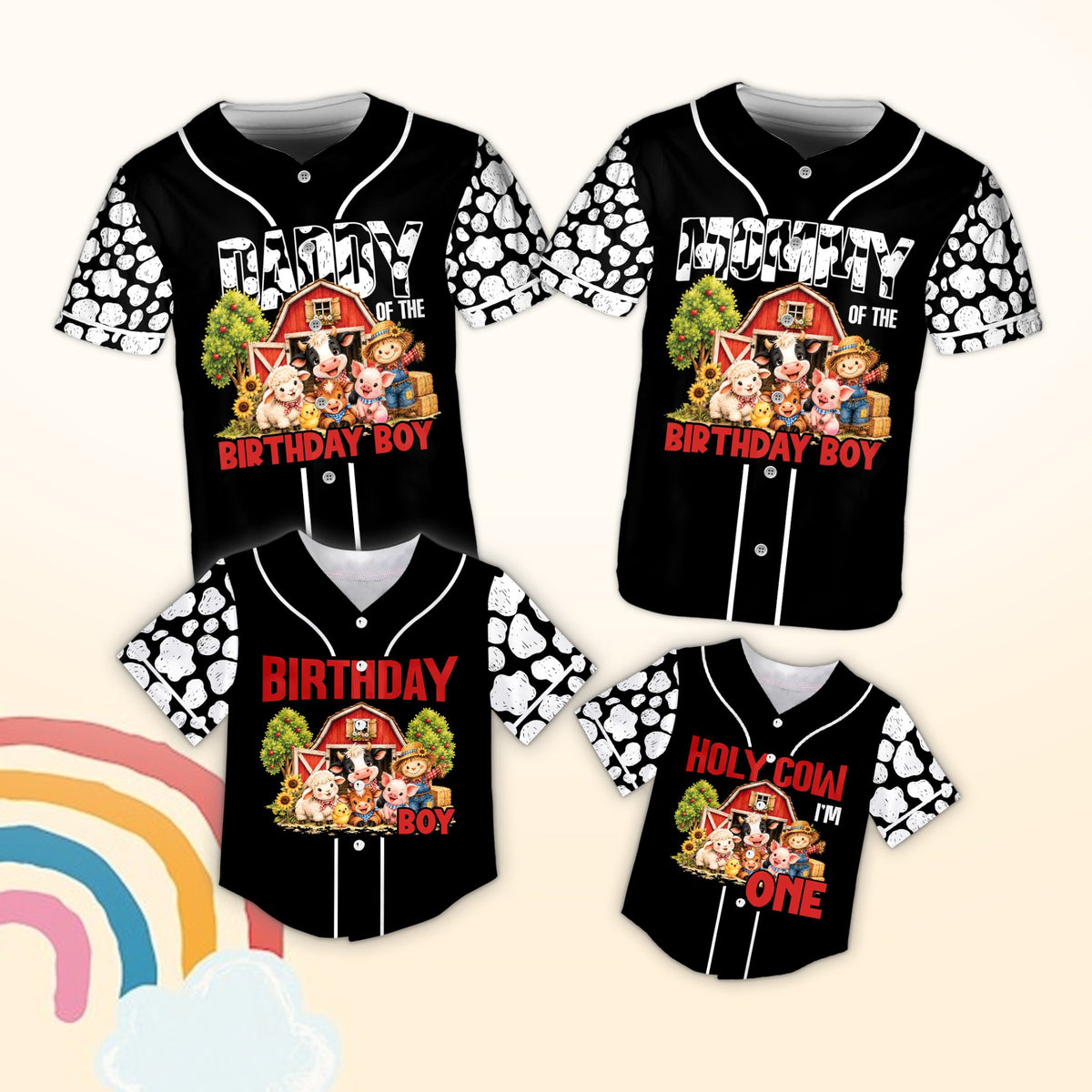 Black personalized baseball jersey with farm birthday design showing mommy of birthday boy, front view