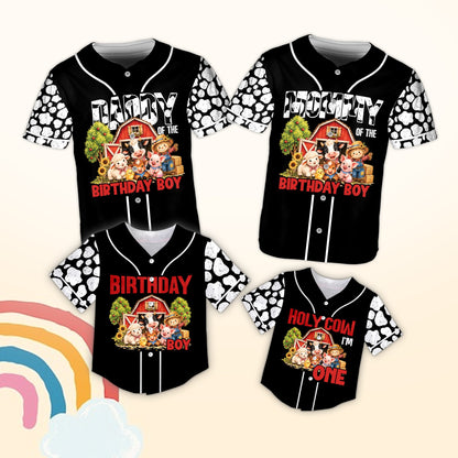 Black personalized baseball jersey with farm birthday design showing mommy of birthday boy, front view