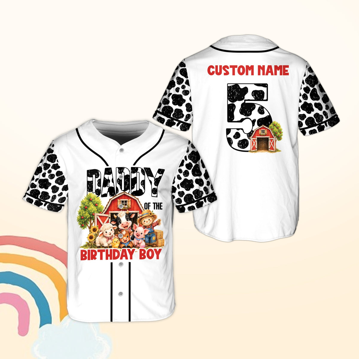 White personalized baseball jersey with farm birthday design and custom name, front view