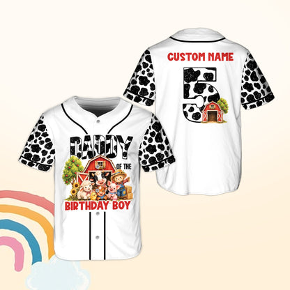 White personalized baseball jersey with farm birthday design, front detail view