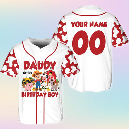 Close-up front view of the white farm baseball jersey featuring family roles