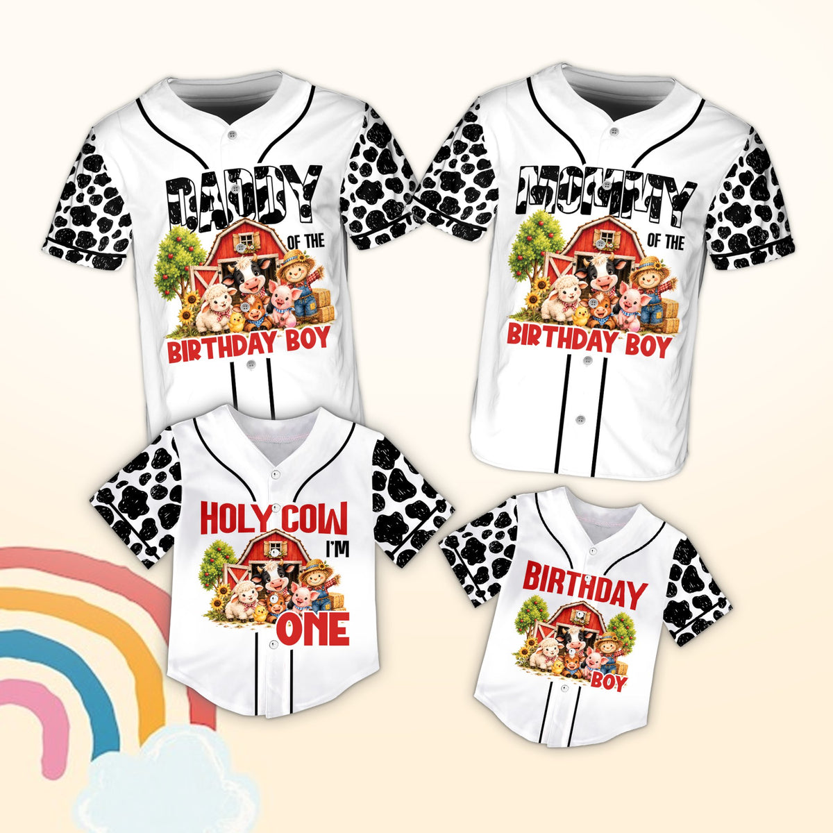 White personalized baseball jersey with farm birthday design showing daddy of birthday boy, front view