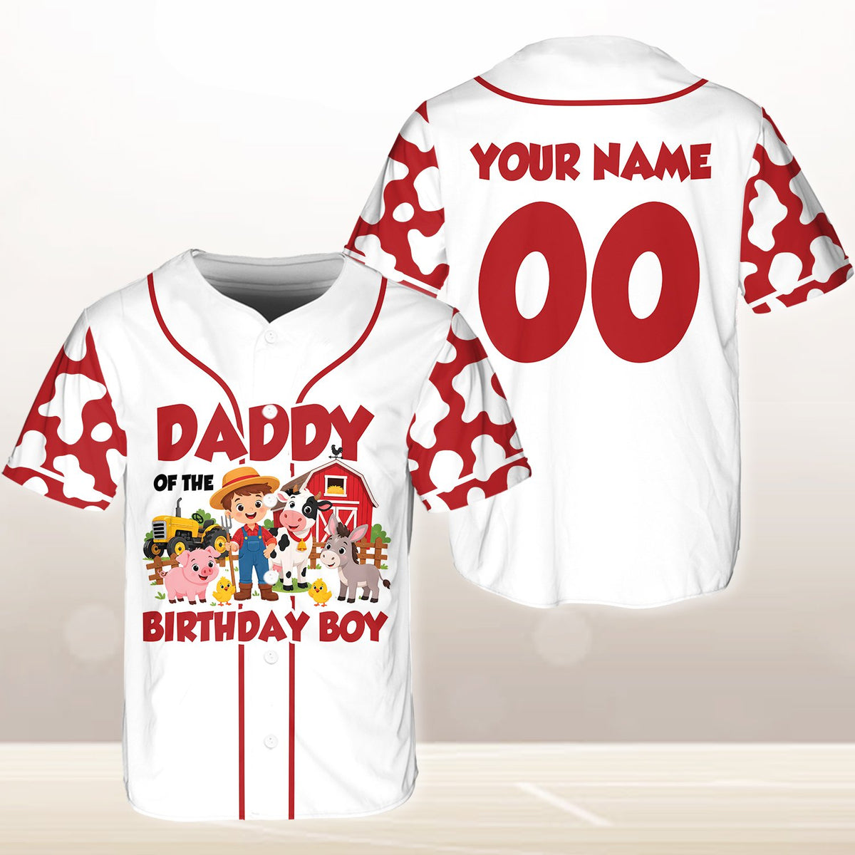Detailed front view of the personalized baseball jersey showing barnyard animals