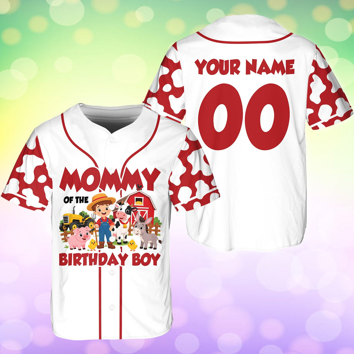 Angled front view of the farm birthday baseball jersey in white and red