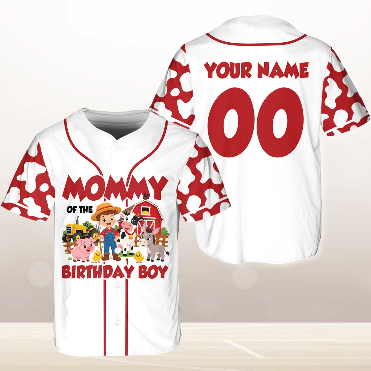 Flat lay front view of the white farm baseball jersey with custom name and number