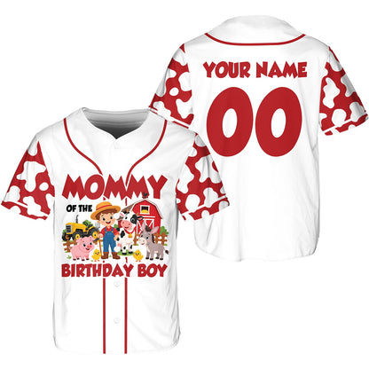 Front detail view of the red and white cow print sleeves on the baseball jersey